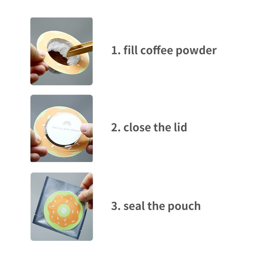Tonchant Coffee Filters production flow showing filling, lid closing, and pouch sealing