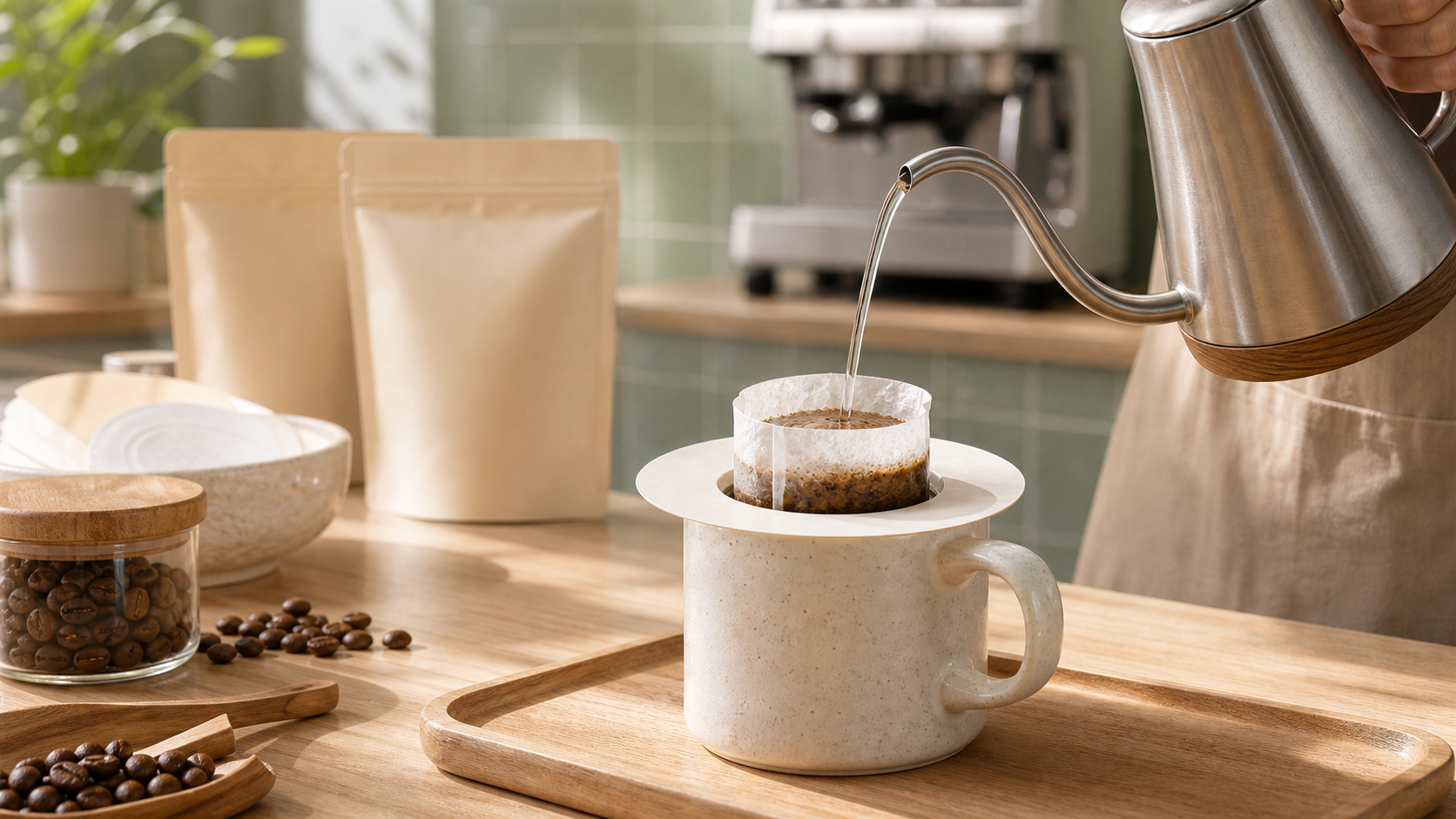 Hot water pouring into Tonchant Coffee Filters on a cafe counter