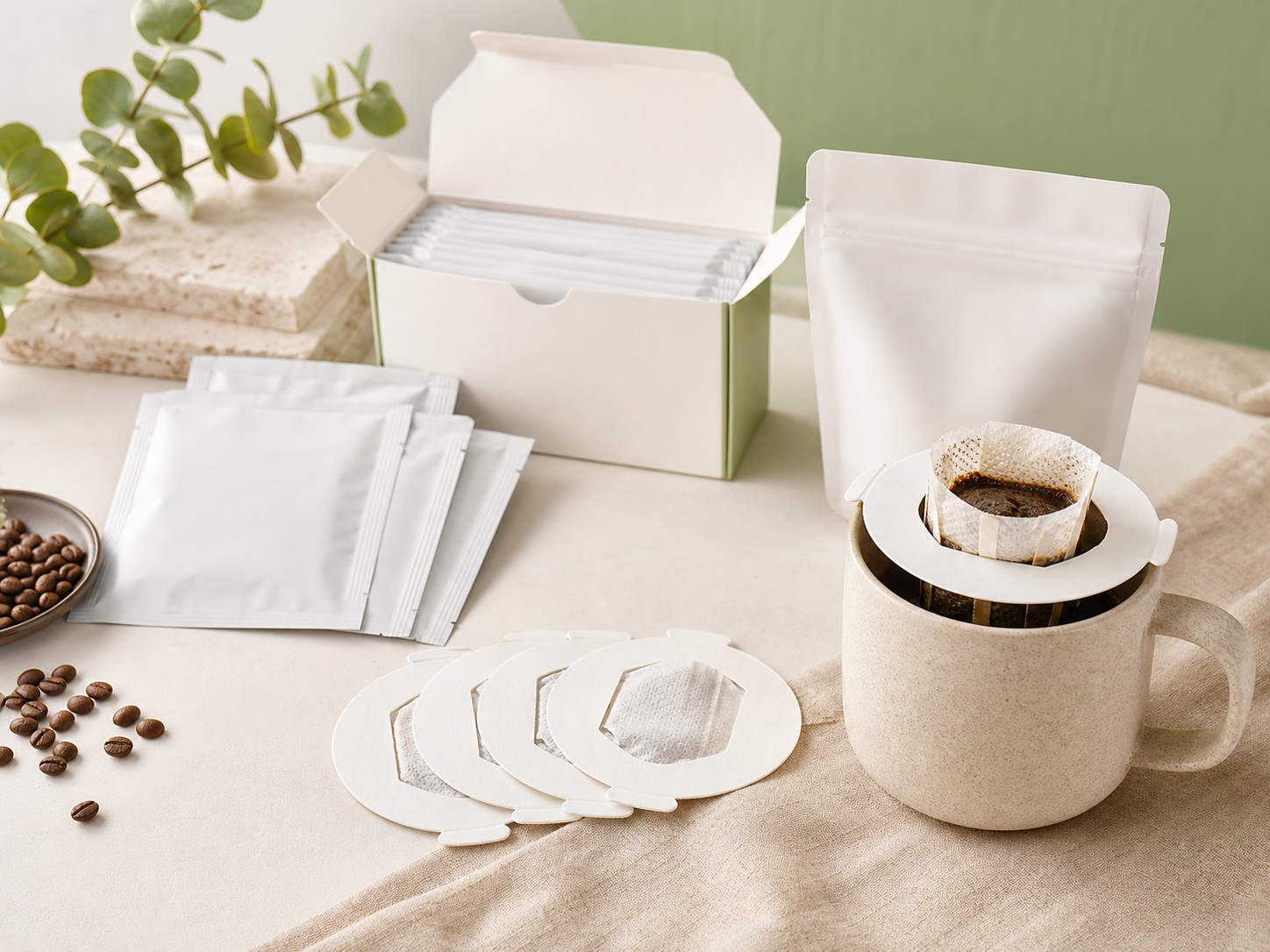 Tonchant Coffee Filters with blank packaging and retail display box