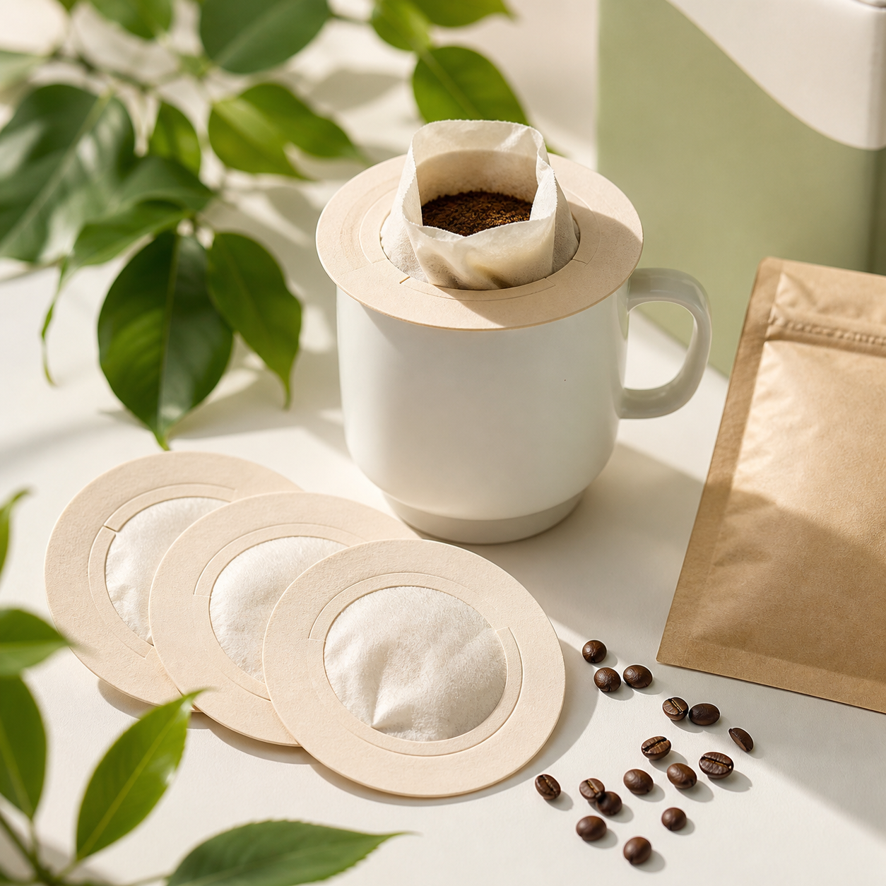 Tonchant Coffee Filters with leaves, coffee beans, and recyclable pouch cues
