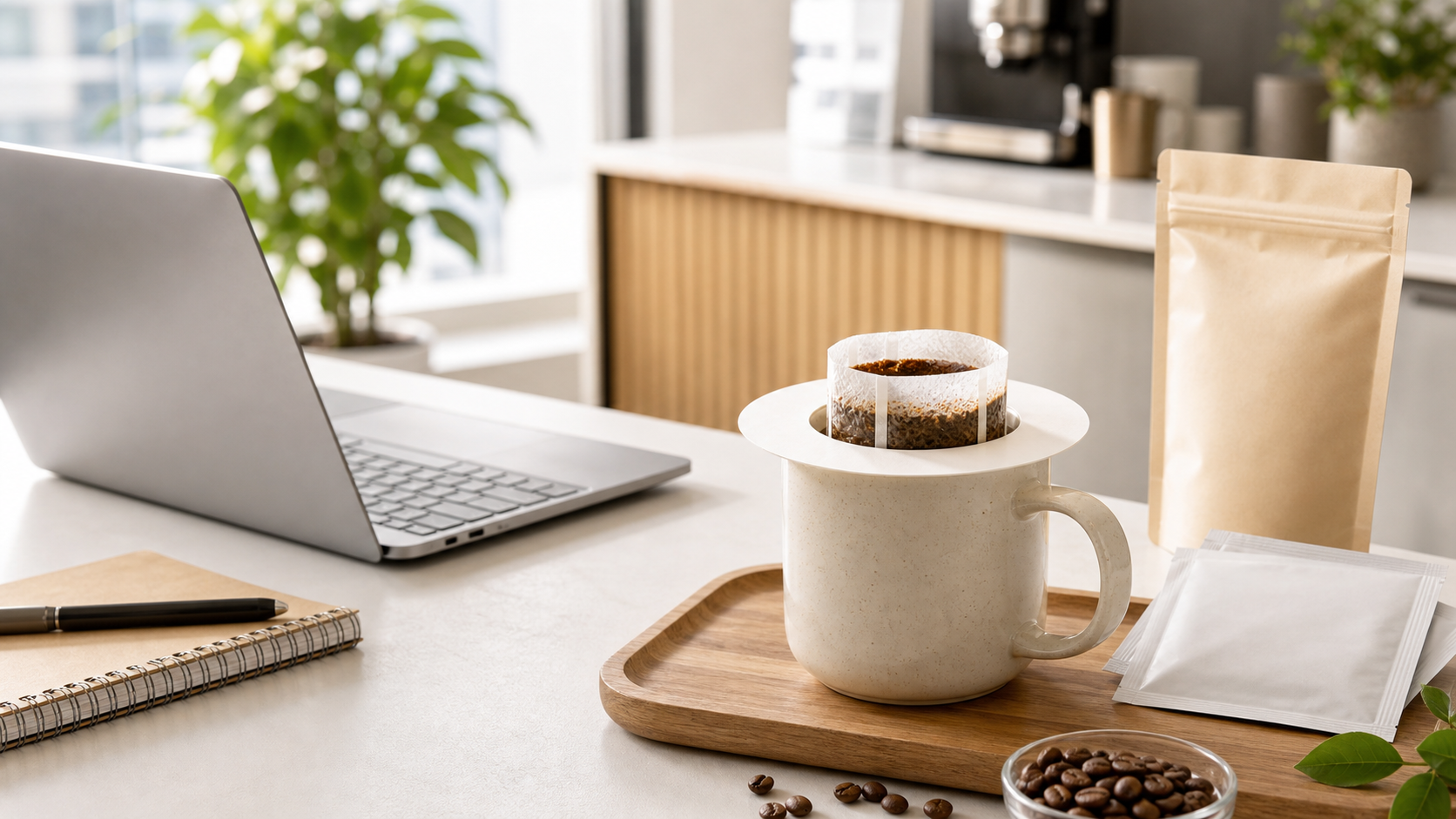 Tonchant Coffee Filters on an office counter with a laptop and pouch