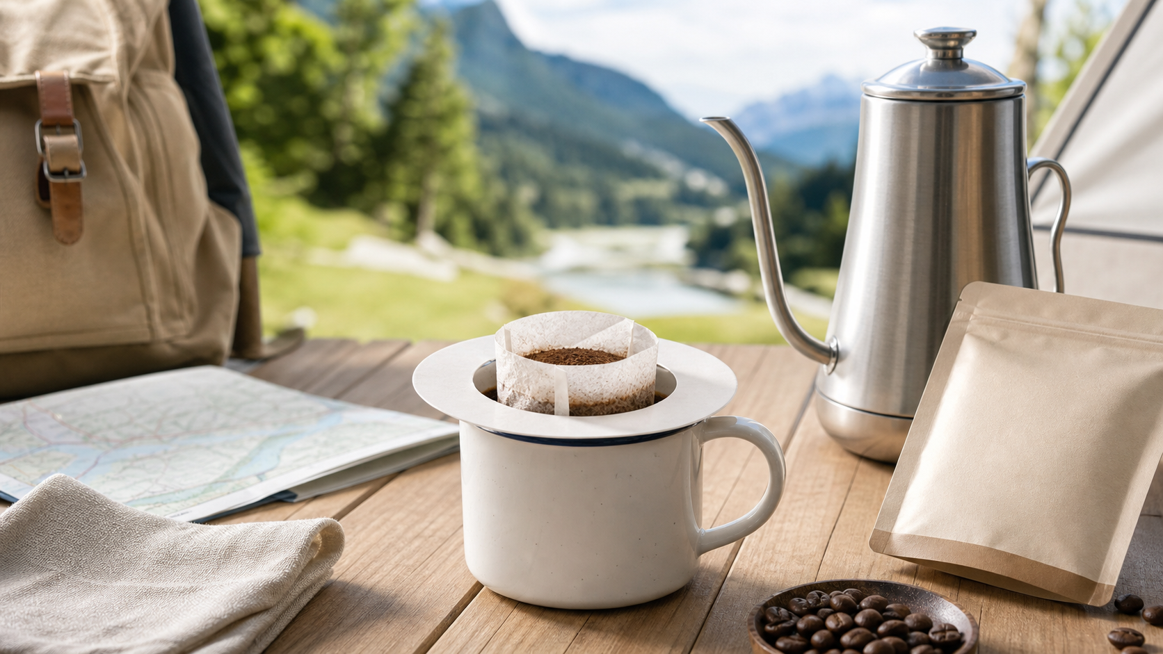 Tonchant Coffee Filters used with an enamel cup during outdoor travel